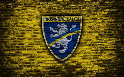 Frosinone FC, 4k, logotipo, pared de ladrillos, de la Serie a, f&#250;tbol, club de f&#250;tbol italiano, textura de ladrillo, Frosinone, Italia