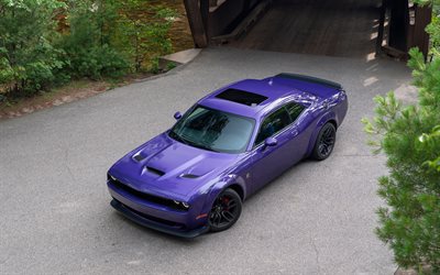 Dodge Challenger RT, Scat Pack, 2019, top view, purple sports coupe, tuning, new purple, American sports cars, Dodge