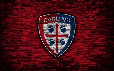 Cagliari FC, 4k, logotipo, pared de ladrillos, de la Serie a, f&#250;tbol, club de f&#250;tbol italiano, Cagliari Calcio, textura de ladrillo, Italia