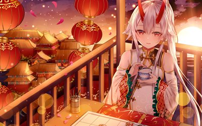 Fate Grand Order, Japanese anime games, female characters, kimono, tea