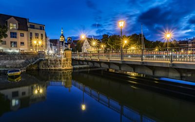 Stralsund, German city, evening, city lights, bridge, Germany