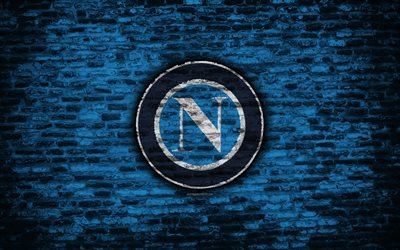 Napoli FC, 4k, logotipo, pared de ladrillos, de la Serie a, f&#250;tbol, club de f&#250;tbol italiano, SSC Napoli, textura de ladrillo, N&#225;poles, Italia