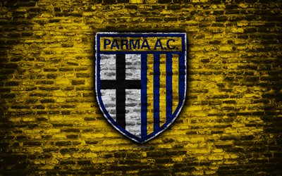 Parma FC, 4k, logo, brick wall, Serie A, football, Italian football club, soccer, Parma Calcio 1913, brick texture, Italy