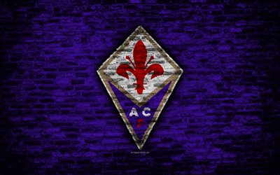 Fiorentina FC, 4k, logo, muro di mattoni, Serie A, calcio, calcio italiano di club, ACF Fiorentina, texture di mattoni, Firenze, Italia