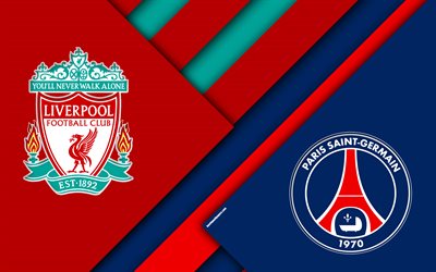 Liverpool FC vs PSG, 4k, material och design, f&#228;rg abstraktion, logotyper, promo, UEFA Champions League, fotbollsmatch, PSG, Europa