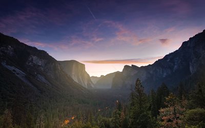 4k, la Valle di Yosemite, tramonto, autunno, foresta, montagne, USA, Yosemite National Park, Sierra Nevada, America