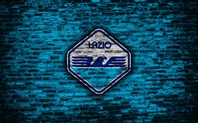 Lazio FC, 4k, logotipo, pared de ladrillos, de la Serie a, f&#250;tbol, club de f&#250;tbol italiano, SS Lazio, textura de ladrillo, Roma, Italia