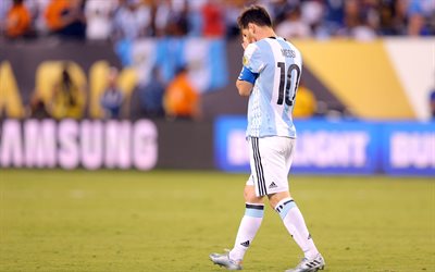 Lionel Messi, 4K, Argentina equipa nacional de futebol, Leo Messi, Jogador de futebol argentino, a estrela do futebol, Argentina, o desapontamento, est&#225;dio de futebol