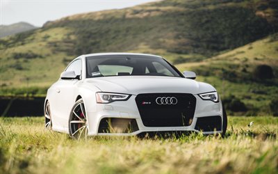 Audi RS5, 2018, 4k, blanco coup&#233; deportivo, tuning, blanco nuevo RS5, Audi