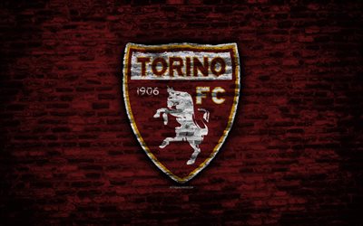 O Torino FC, 4k, logo, parede de tijolo, Serie A, futebol, Italiano de futebol do clube, Toro, textura de tijolos, Turim, It&#225;lia