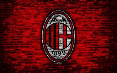 Milan FC, 4k, logo, brick wall, Serie A, football, Italian football club, soccer, AC Milan, brick texture, Milan, Italy