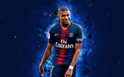 Kylianin Mbappe, 4k, ranskalainen jalkapalloilija, abstrakti taide, PSG FC, League 1, Paris Saint-Germain, Mbappe, neon valot, jalkapallo