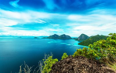 Bohey Dulang Isla, 4k, mar, verano, costa, monta&#241;as, Malasia, Asia