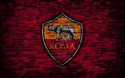 Roma FC, 4k, logo, brick wall, Serie A, football, Italian football club, soccer, AS Roma, brick texture, Rome, Italy