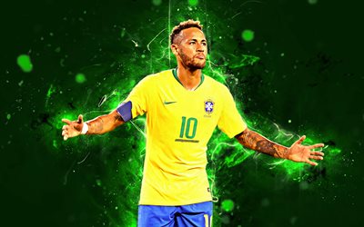 Neymar, goal, 4k, Brazil National Team, fan art, Neymar JR, soccer, footballers, neon lights, football stars, Brazilian football team