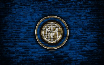 انتر ميلان FC, 4k, شعار, جدار من الطوب, دوري الدرجة الاولى الايطالي, كرة القدم, الإيطالي لكرة القدم, الدولية, الطوب الملمس, ميلان, إيطاليا