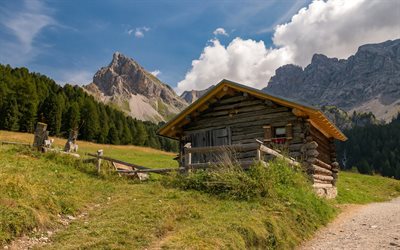 Alpes, monta&#241;a casa de madera, verano, verde hierba, paisaje de monta&#241;a, pradera verde, Italia