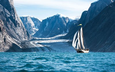 Groenlandia, ghiacciaio, Oceano Atlantico del Nord, la vela, il paesaggio di montagna, Scoresby Sund, a Nord di Vela
