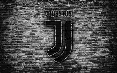 Juventus FC, 4k, logo, brick wall, Serie A, football, Italian football club, soccer, Juve, brick texture, Turin, Italy