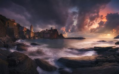 Cinque Terre, kv&#228;ll, sunset, seascape, vackra italienska staden, Ligurien, Italien, Liguriska kusten