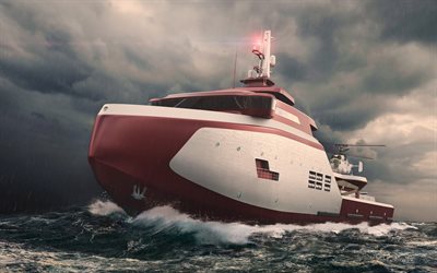 Davincie V8, rescue ship, storm, sea, modern ship