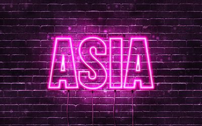 Asia, 4k, sfondi con nomi, nomi femminili, nome asiatico, luci al neon viola, Happy Birthday Asia, popolari nomi femminili italiani, foto con nome Asia