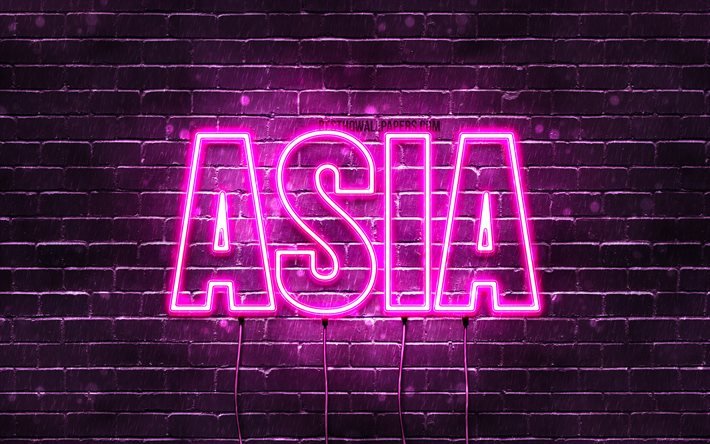 Asien, 4k, bakgrundsbilder med namn, kvinnliga namn, Asien namn, lila neonljus, Grattis p&#229; f&#246;delsedagen Asien, popul&#228;ra italienska kvinnliga namn, bild med Asien namn