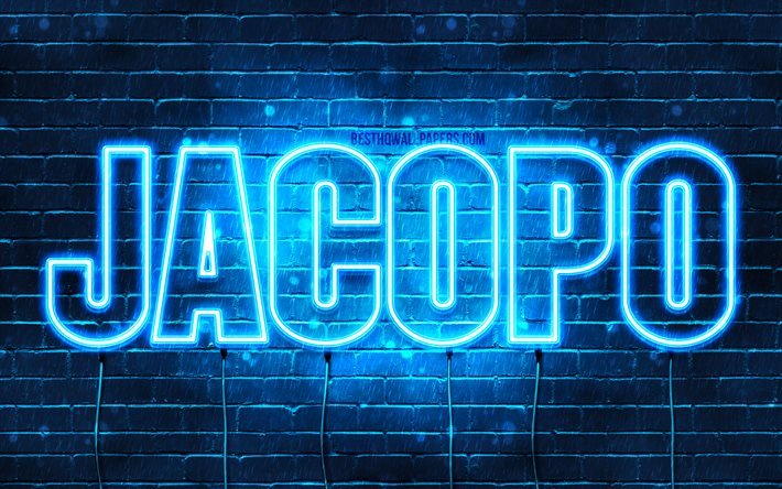 Jacopo, 4k, pap&#233;is de parede com nomes, nome Jacopo, luzes de neon azul, Jacopo feliz anivers&#225;rio, nomes masculinos italianos populares, foto com nome Jacopo