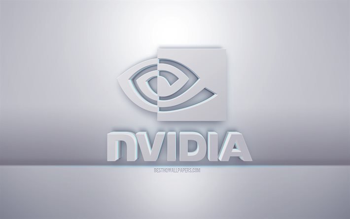 Logotipo blanco 3d de Nvidia, fondo gris, logotipo de Nvidia, arte 3D creativo, Nvidia, emblema 3D