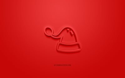 Christmas Hat 3d icon, red background, 3d symbols, Christmas Hat, creative 3d art, 3d icons, Christmas sign, Christmas 3d icons