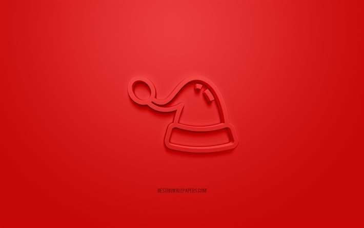 Christmas Hat 3d icon, red background, 3d symbols, Christmas Hat, creative 3d art, 3d icons, Christmas sign, Christmas 3d icons
