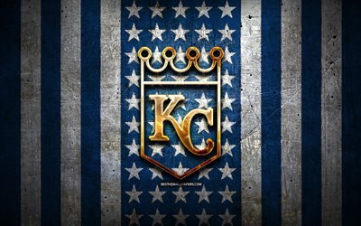Kansas City Royals drapeau, MLB, fond bleu métal blanc, équipe de baseball américaine, Kansas City Royals logo, Etats-Unis, basket-ball, Kansas City Royals logo d’or, KC Royals