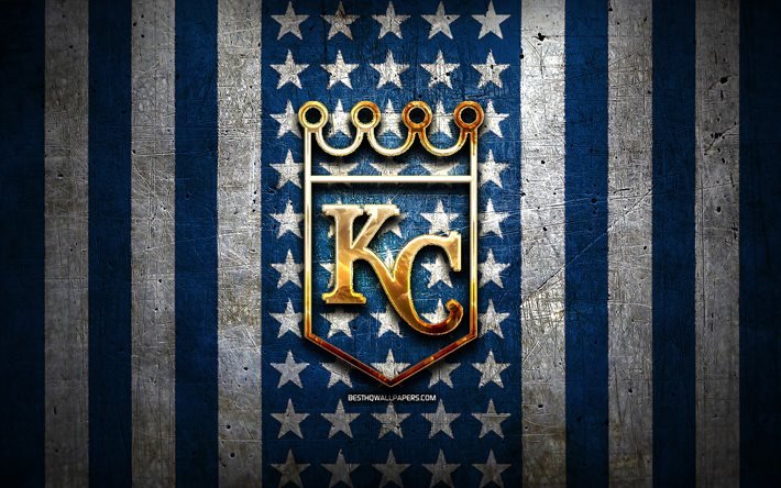 Bandiera dei Kansas City Royals, MLB, sfondo in metallo bianco blu, squadra di baseball americana, logo dei Kansas City Royals, Stati Uniti, basket, logo d&#39;oro dei Kansas City Royals, KC Royals