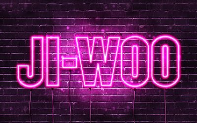 Ji-woo, 4k, taustakuvia nimet, naisten nimet, Ji-woo nimi, violetti neon valot, Happy Birthday Ji-woo, suosittu Etel&#228;-Korean naisten nimet, kuva Ji-woo nimi