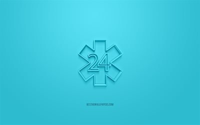 &#205;cone hospitalar 3d, fundo azul, s&#237;mbolos 3d, 24 horas ajuda, arte 3d criativa, &#237;cones 3d, sinal de ajuda 24 horas, &#237;cones medicine 3d