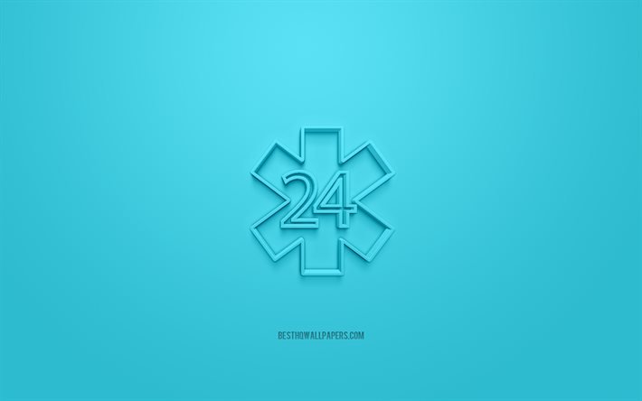 病院の3Dアイコン, 青い背景, 3D シンボル, 24時間, 創造的な3Dアート, 3D图标, 24 時間ヘルプサイン, 医学の3Dアイコン