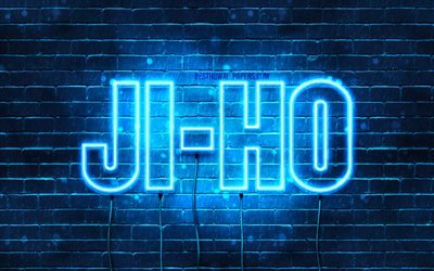 Ji-ho, 4k, sfondi con nomi, nome Ji-ho, luci al neon blu, Buon compleanno Ji-ho, popolari nomi maschili sudcoreani, foto con il nome Ji-ho