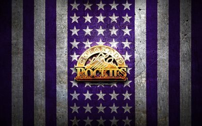 Bandeira das Colorado Rockies, MLB, fundo de metal branco violeta, time americano de beisebol, logotipo das Colorado Rockies, EUA, beisebol, logotipo dourado das Colorado Rockies
