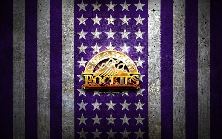 Bandera de los Colorado Rockies, MLB, fondo violeta de metal blanco, equipo de b&#233;isbol americano, logo de los Colorado Rockies, Estados Unidos, b&#233;isbol, logo dorado de los Colorado Rockies