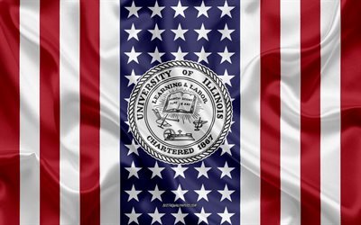 Emblema dell&#39;Universit&#224; dell&#39;Illinois a Urbana-Champaign, Bandiera americana, logo dell&#39;Universit&#224; dell&#39;Illinois a Urbana-Champaign, Illinois, USA