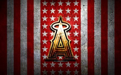 Bandiera dei Los Angeles Angels, MLB, sfondo di metallo bianco rosso, squadra di baseball americana, logo dei Los Angeles Angels, USA, baseball, Los Angeles Angels, logo dorato, LA Angels