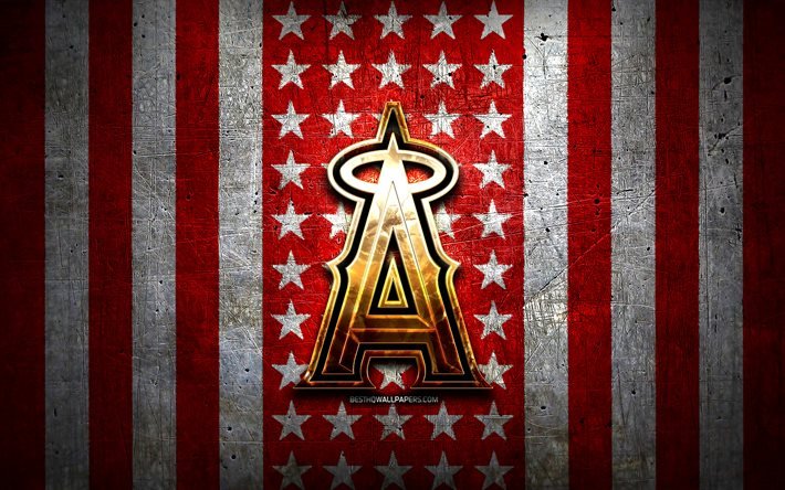 Bandeira do Los Angeles Angels, MLB, fundo de metal branco vermelho, time americano de beisebol, logotipo do Los Angeles Angels, EUA, beisebol, Los Angeles Angels, logotipo dourado, LA Angels