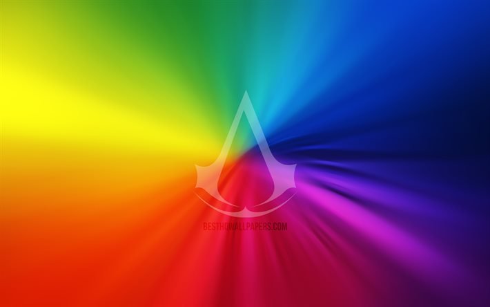 assassins creed-logo, 4k, vortex, 2020-spiele, regenbogenhintergr&#252;nde, kreativ, grafik, assassins creed