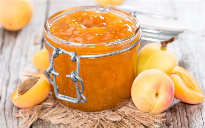 apricot jam, fruit jam, apricots, orange jam, jam jars