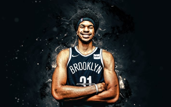 Jarrett Allen, 4k, 2020, Brooklyn Nets, NBA, basketball, USA, Jarrett Allen Brooklyn Nets, white neon lights, creative, Jarrett Allen 4K