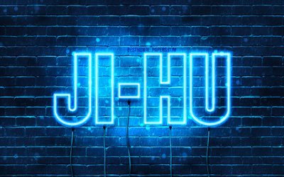 Ji-hu, 4k, pap&#233;is de parede com nomes, nome Joon-woo, luzes de n&#233;on azuis, Feliz Anivers&#225;rio Ji-hu, nomes masculinos populares da Coreia do Sul, foto com o nome Ji-hu