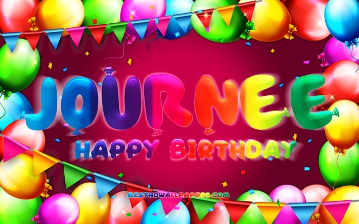 Buon compleanno Journee, 4k, cornice palloncino colorato, nome Journee, sfondo viola, buon compleanno Journee, compleanno Journee, nomi femminili americani popolari, concetto di compleanno, Journee