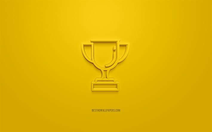 Cup 3d icon, yellow background, 3d symbols, cup award, creative 3d art, 3d icons, Award sign, Business 3d icons