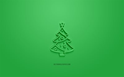 Christmas Tree 3d icon, green background, 3d symbols, Christmas Tree, creative 3d art, 3d icons, Christmas Tree sign, Christmas 3d icons