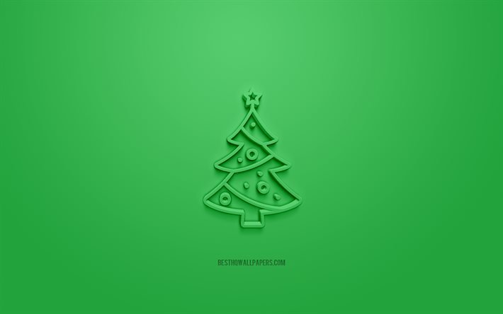 weihnachtsbaum-3d-ikone, gr&#252;ner hintergrund, 3d-symbole, weihnachtsbaum, kreative 3d-kunst, weihnachtsbaumzeichen, weihnachts-3d-symbole